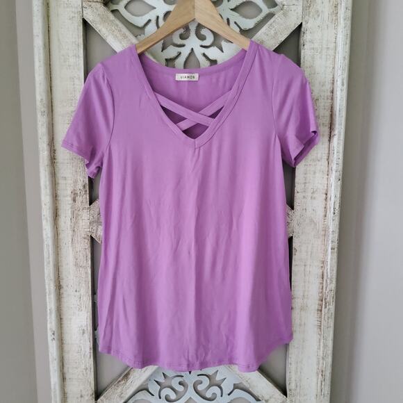 Women's Short Sleeve Relaxed Fit T-Shirt Tee Top with Criss Cross V-Neck Purple - Picture 6 of 12